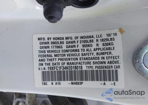2019 Honda Civic Ex from USA, damaged, VIN 19XFC1F34KE018018